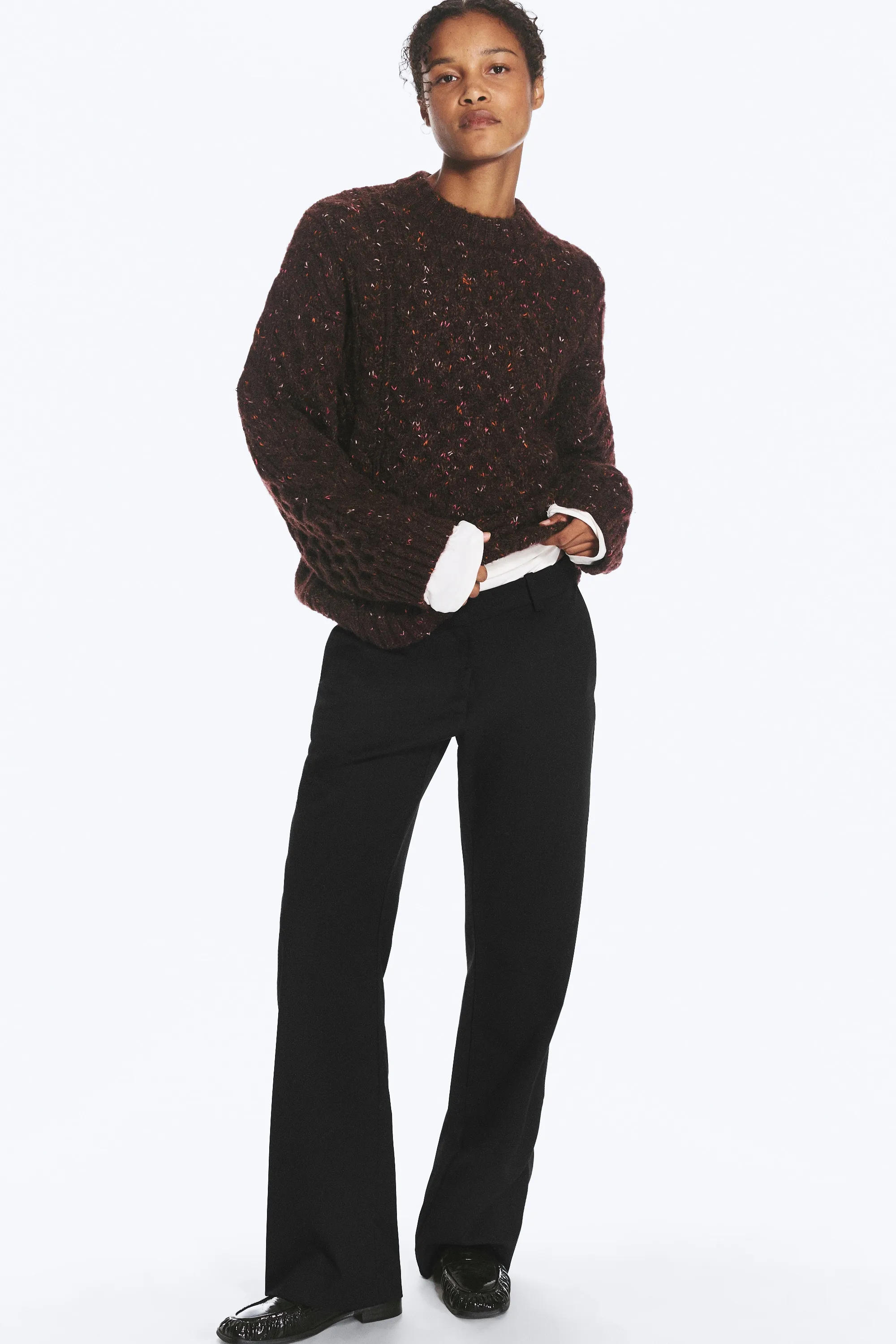 Pull texturé en maille torsadée longue - Violet foncé - Rose néps