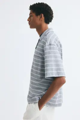 Chemise Relaxed Fit avec col cubain - Bleu ancien/rayé — photo 4