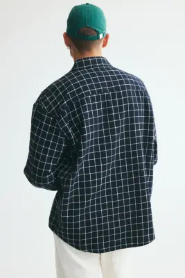 Chemise Relaxed Fit en flanelle - Bleu foncé/carreaux — photo 3