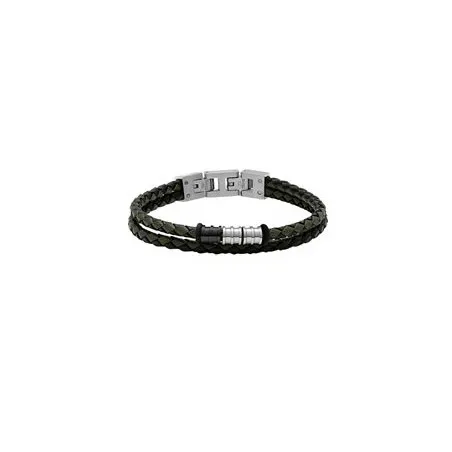 ROCHET - Bracelet GENTLEMAN Cuir tressé vert et perles Acier 8mm x 21cm HB8045A