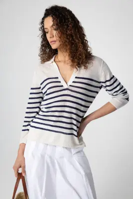 Polo Rayé Bleu Manches Trois quarts en Lin — photo 2