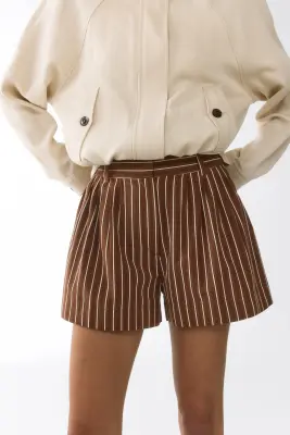 Short chic en coton - Marron/rayé — photo 1