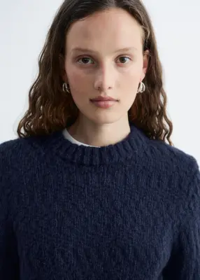 Pull en mélange bouclé de coton et de laine - Bleu foncé — photo 2
