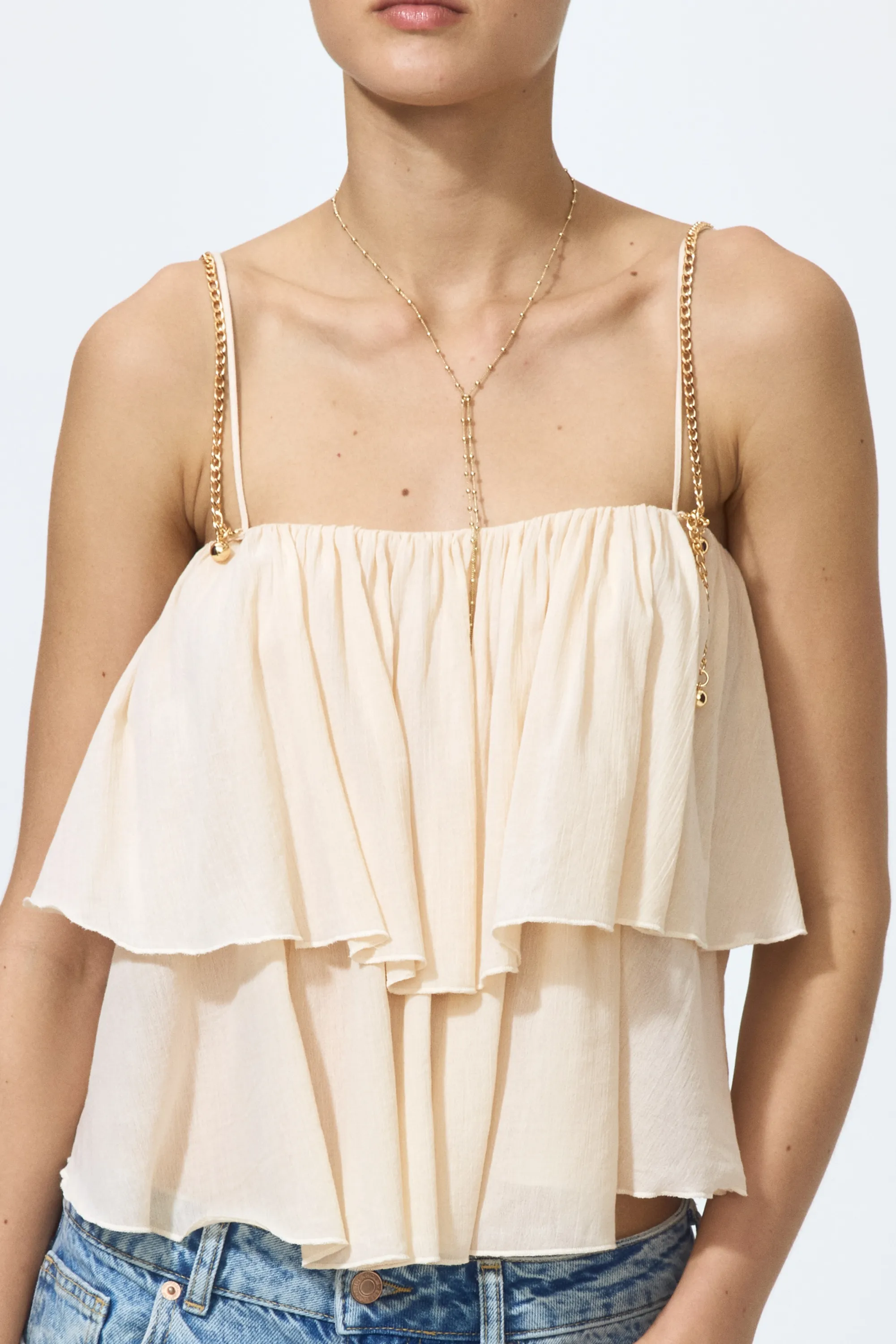 Chain-detail frill-trimmed top - Beige clair