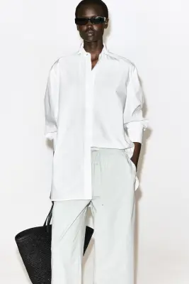 PANTALON DROIT EN COTON À CORDON DE SERRAGE - GRIS CLAIR — photo 1