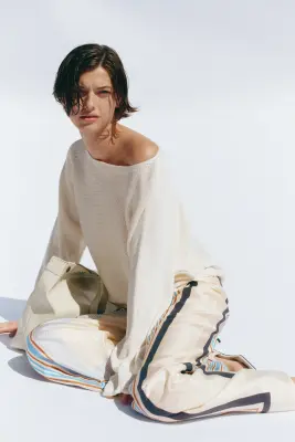 Pantalon large avec cordon de serrage - Beige clair/bleu — photo 1