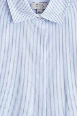 CHEMISE RAYÉE EN MÉLANGE DE COTON À COL ITALIEN - BLEU / BLANC / RAYURES — photo 4
