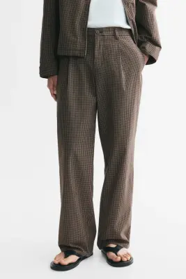 Pantalon large Relaxed Fit - Marron foncé/carreaux — photo 1