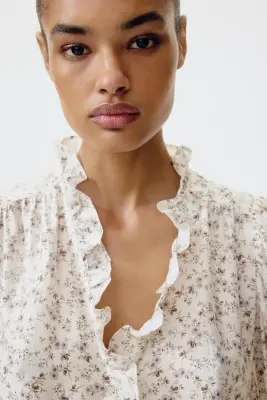 Blouse volantée à manches bouffantes - Crème/fleuri — photo 3