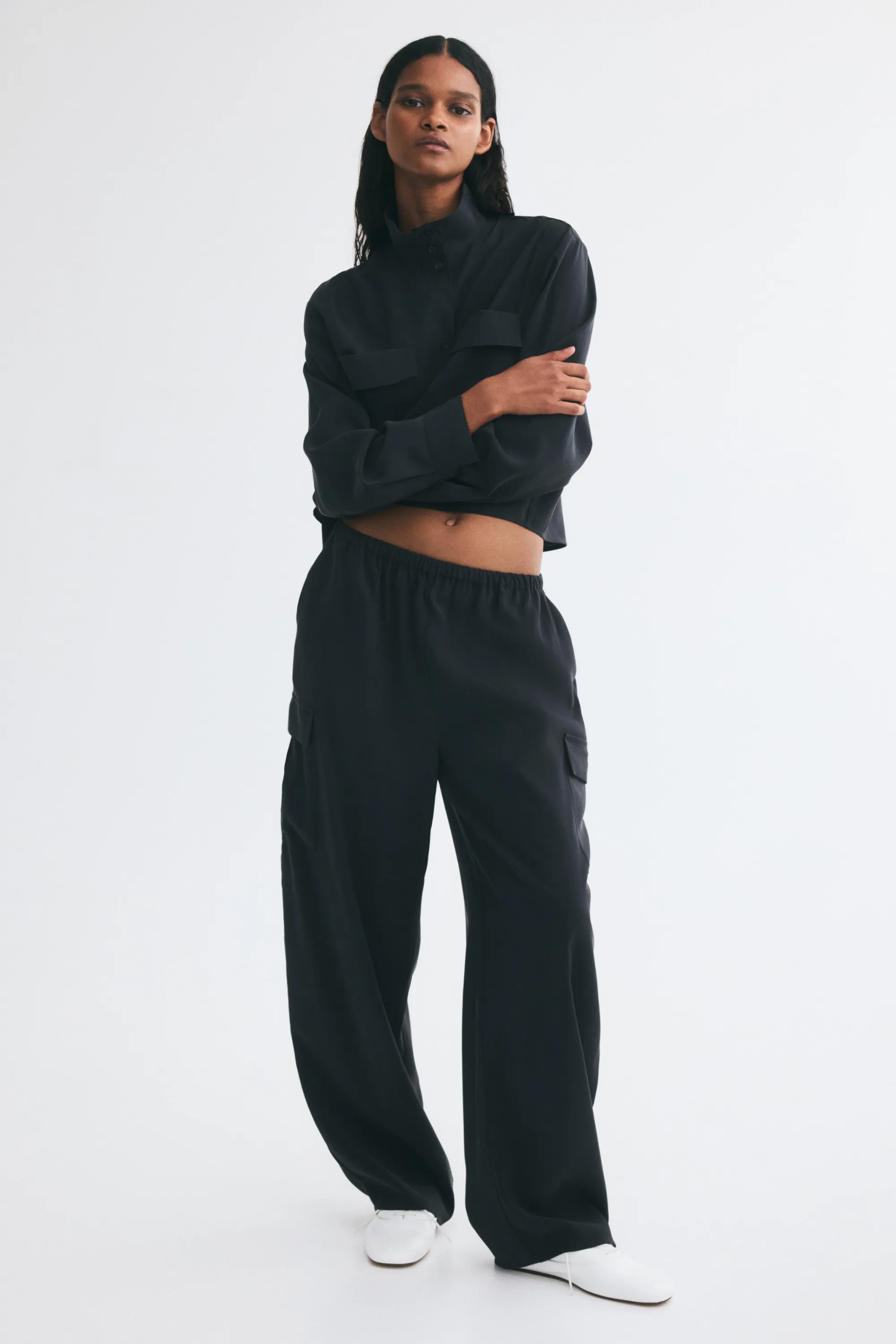 Chemise à col droit en viscose mélangée - Gris foncé
