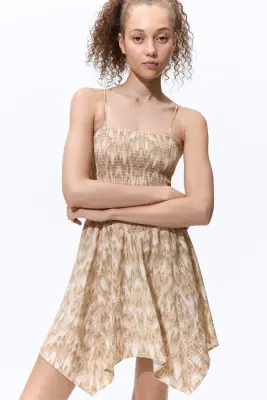 Robe smockée à bretelles fines - Beige/motif — photo 1