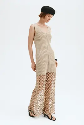 Robe en maille côtelée avec liens à nouer - Beige clair — photo 3