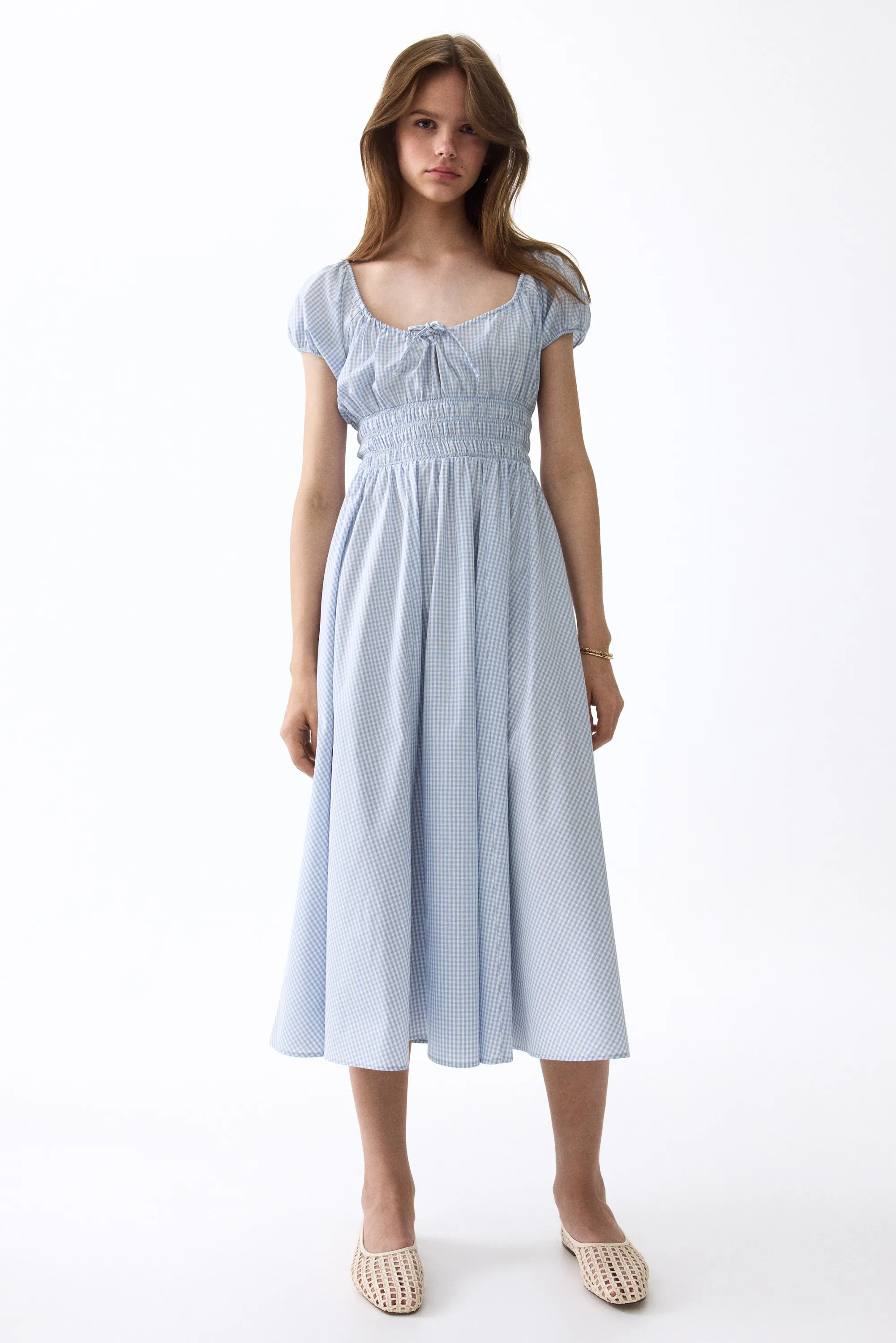 Robe à taille smockée - Bleu clair/carreaux