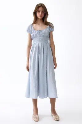 Robe à taille smockée - Bleu clair/carreaux — photo 1