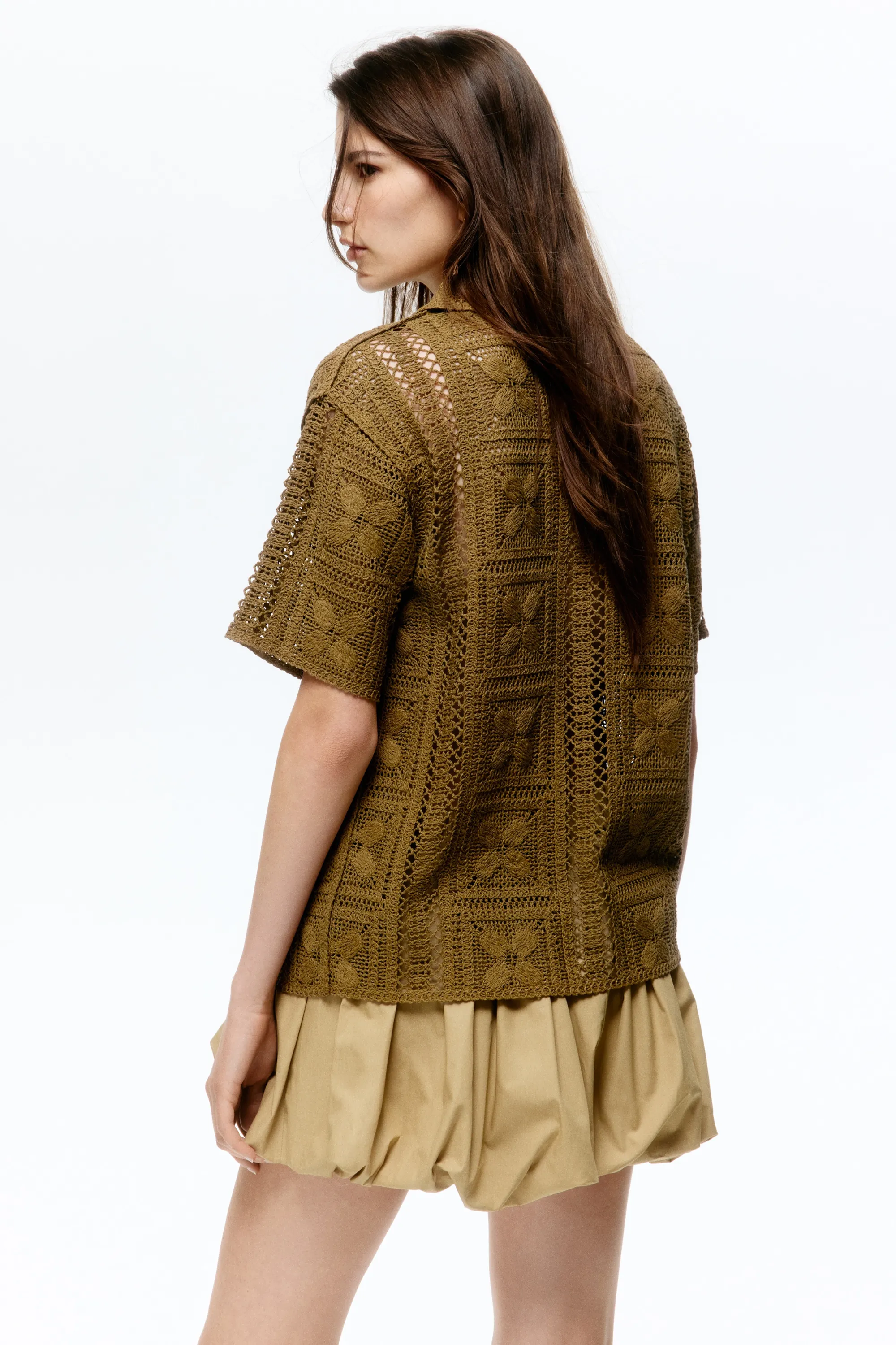 Chemise en soie mélangée façon crochet - Vert olive foncé