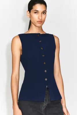 GILET EN CRÊPE DE COTON MÉLANGÉ - BLEU MARINE — photo 4