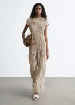 Robe longue à smocks - Beige/Rayures — photo 3