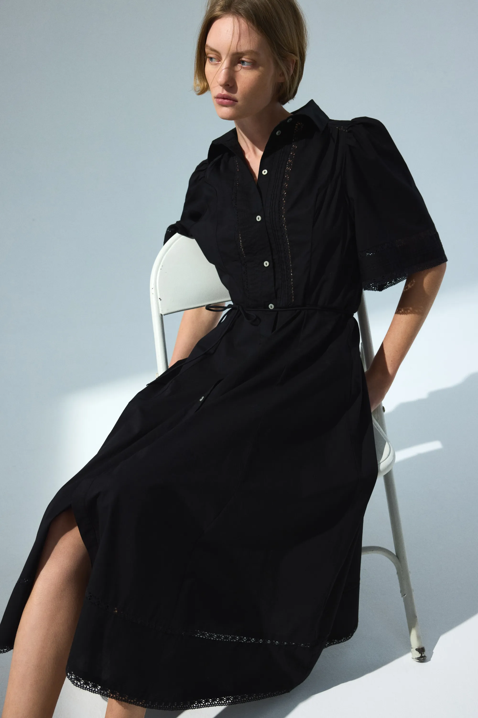 Robe chemise en coton avec plis nervure - Noir