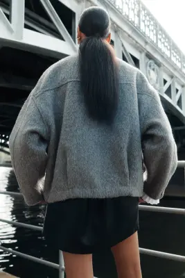 Veste brossée avec écharpe - Gris — photo 3