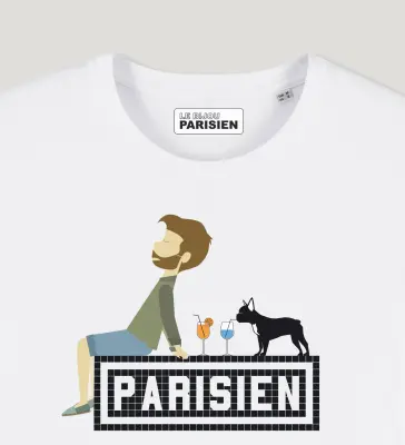 T-SHIRT COTON BIO IMPRIMÉ – PARISIEN AVEC SON BOULEDOGUE - BLANC — photo 2