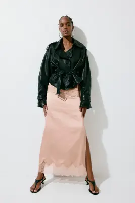 Jupe en satin avec dentelle - Beige — photo 1