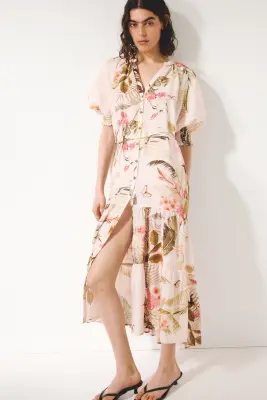 Robe midi avec ceinture à nouer - Rose clair/fleuri — photo 2