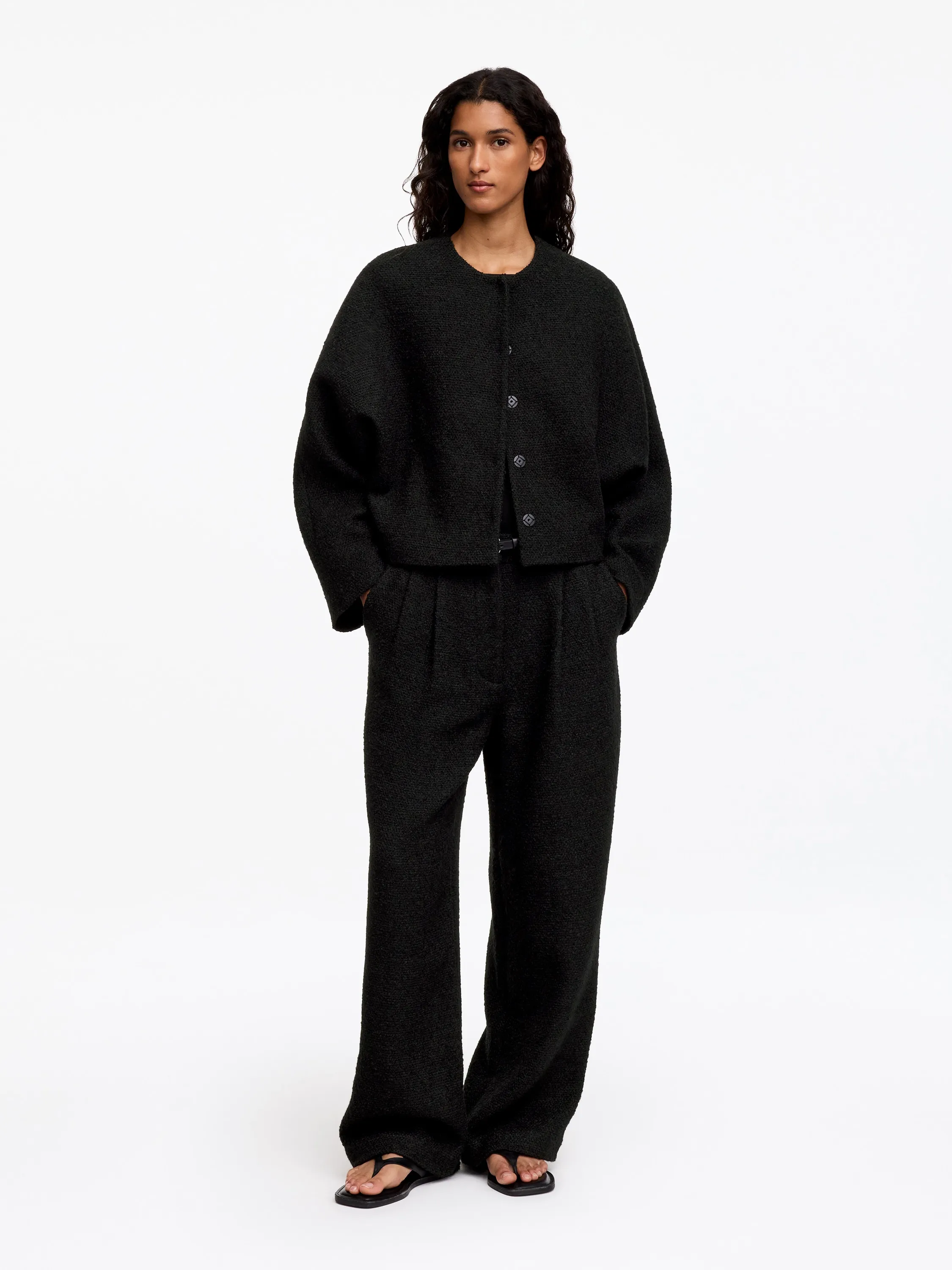 Pantalon en laine bouclée mélangée - Noir