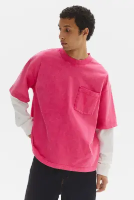 T-shirt à effet superposé Oversized Fit en coton - Rose vif/color block — photo 2