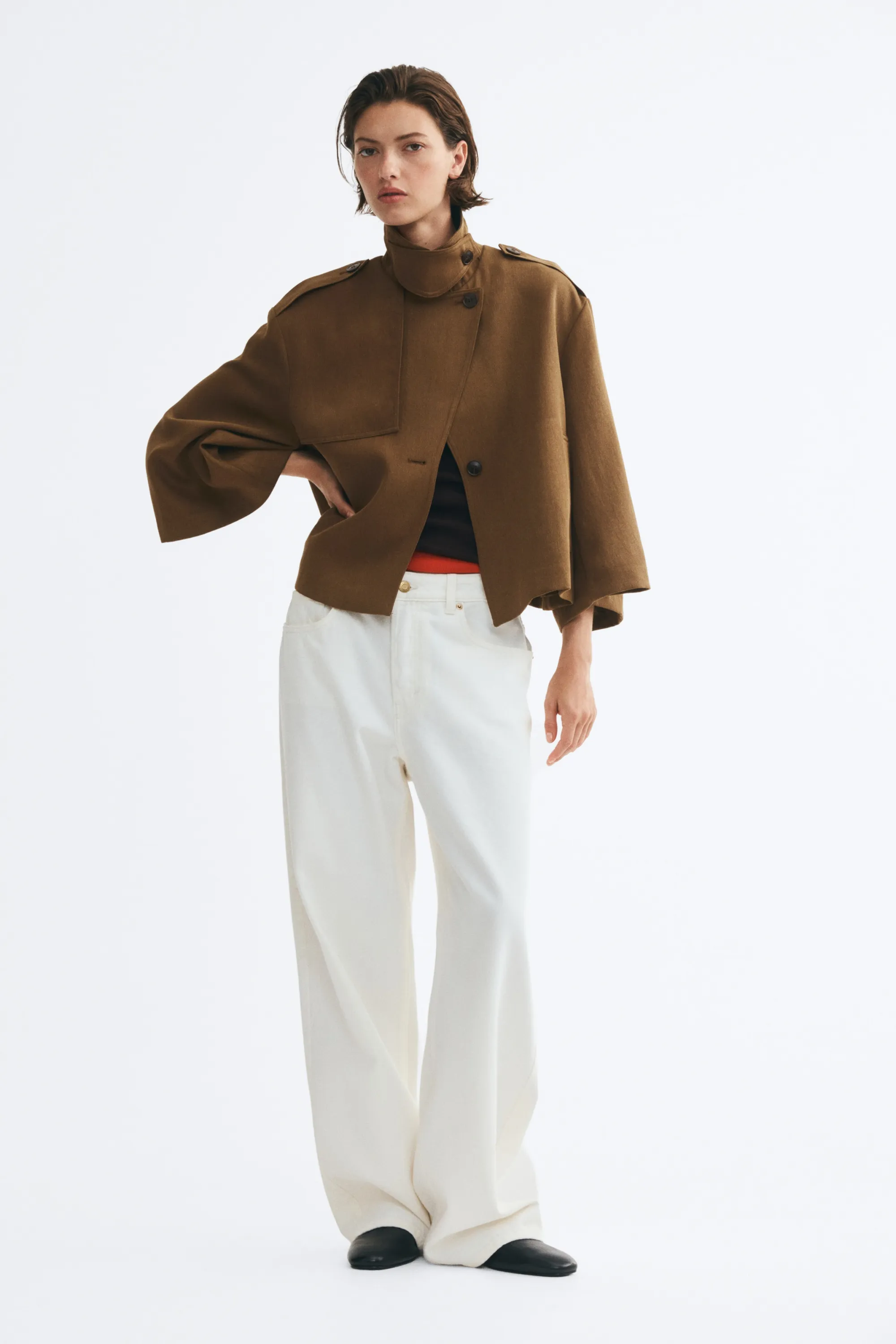 Manteau cape en lin mélangé - Vert olive foncé