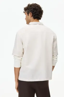 Chemise Relaxed Fit en lin mélangé avec col cubain - Beige clair — photo 3