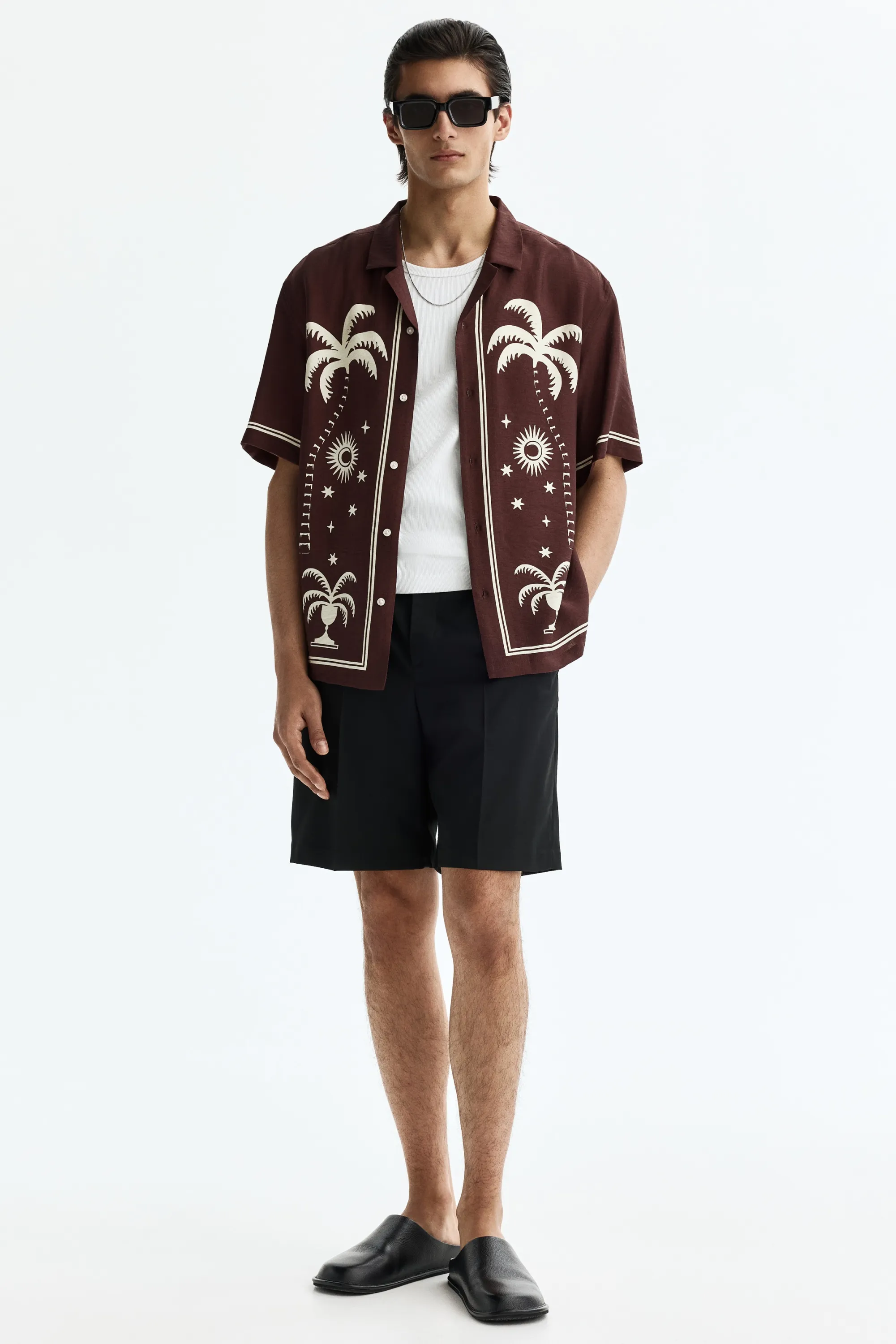 Chemise imprimée Relaxed Fit avec col cubain - Marron