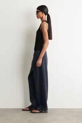 PANTALON BARREL EN LIN À TAILLE ÉLASTIQUÉE - BLEU MARINE — photo 2