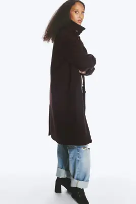 Manteau à col cheminée en mélange de laine - Marron foncé — photo 4
