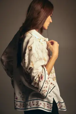 Chemise en lin mélangé - Crème/fleuri — photo 2
