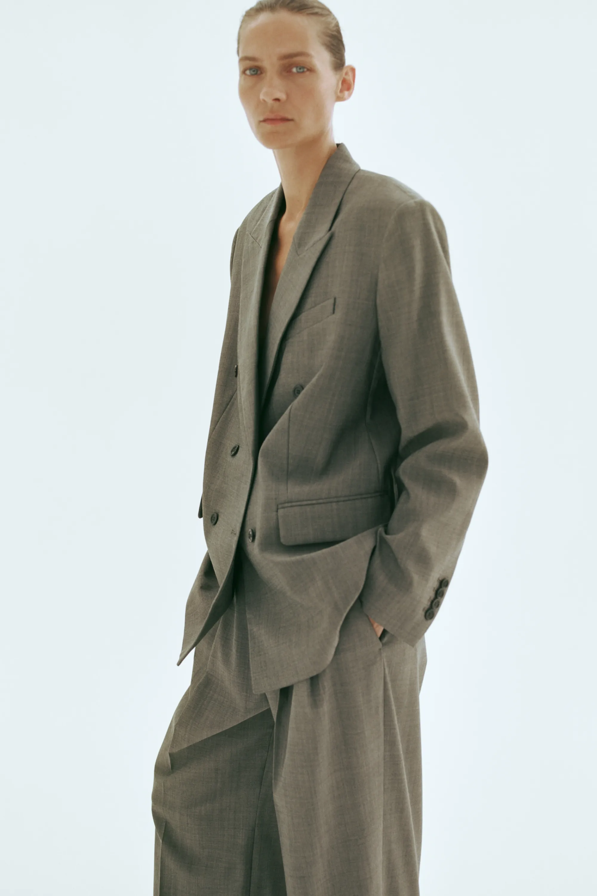 Double-breasted wool-blend blazer - Gris