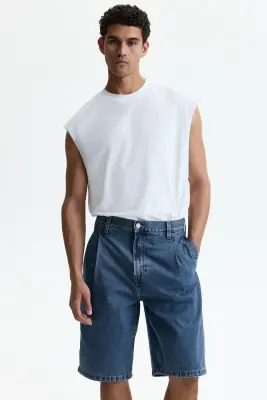 Short baggy à pinces en denim - Bleu denim foncé — photo 1