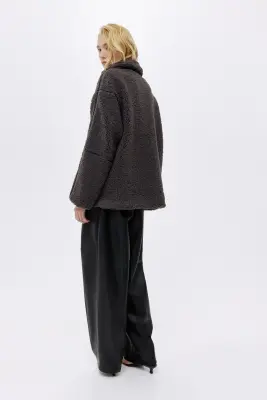 Veste loose en tissu Teddy bear - Gris foncé — photo 4