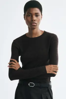 Top en maille de laine fine - Marron foncé — photo 2