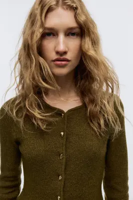 Gilet péplum en maille côtelée - Vert kaki foncé — photo 1