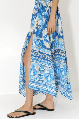 Jupe en popeline avec cordons de serrage - Bleu/motif — photo 1
