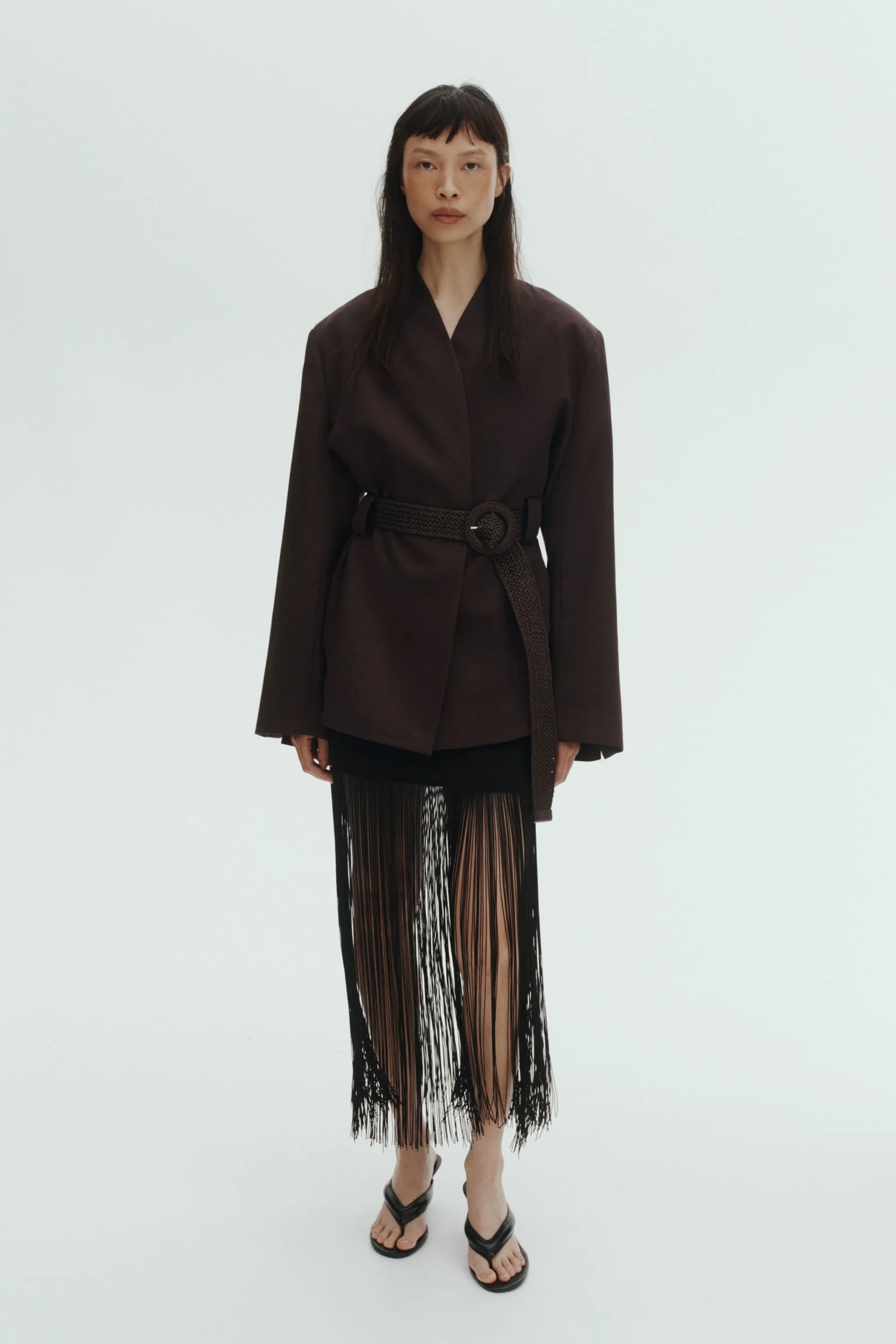 Blazer sans revers avec ceinture - Marron foncé
