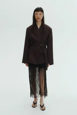 Blazer sans revers avec ceinture - Marron foncé — photo 1