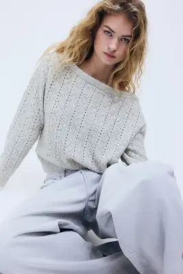 Pull épaules nues en maille pointelle - Gris clair — photo 2
