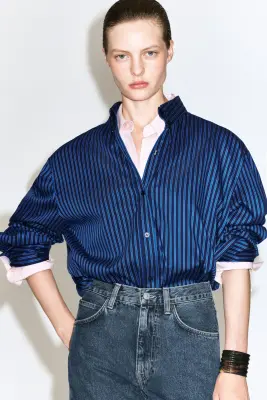 CHEMISE EN COTON AUX POIGNETS REPLIÉS - BLEU / RAYÉ — photo 3
