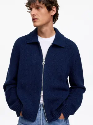 Cardigan zippé en coton mélangé - Bleu foncé — photo 3