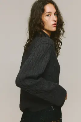 Pull oversize avec col zippé - Gris foncé chiné — photo 4