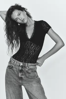 Body à manches courtes en dentelle - Noir — photo 1