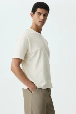 T-shirt Relaxed Fit en lin mélangé - Crème/rayé — photo 3