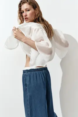 Wide paper bag trousers - Bleu denim — photo 1