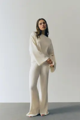 Pantalon large en maille côtelée - Crème — photo 2